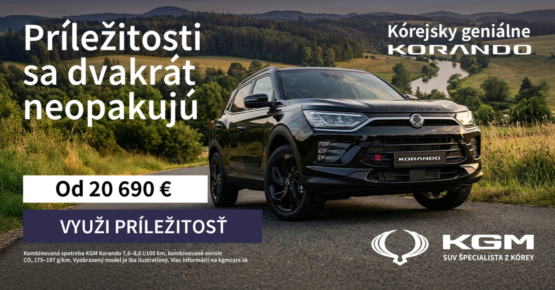 Najpredávanejšie KGM Korando teraz s cenovým zvýhodnením 800 €. Akcia platí do 28. 2. 2026 alebo do vypredania zásob.