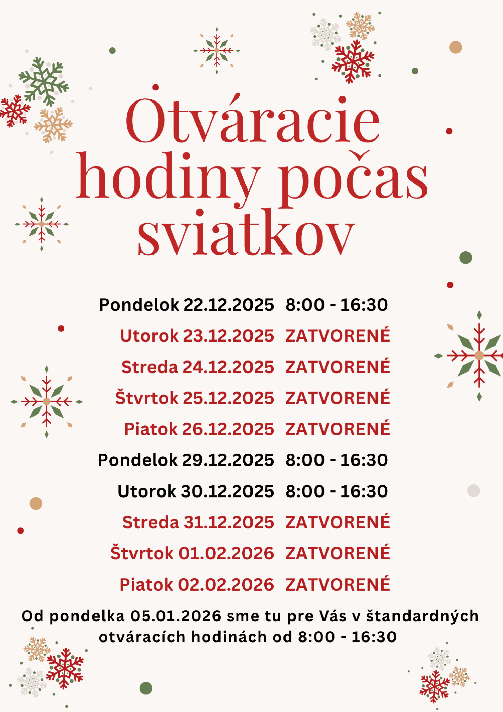 Otváracie hodiny počas sviatkov